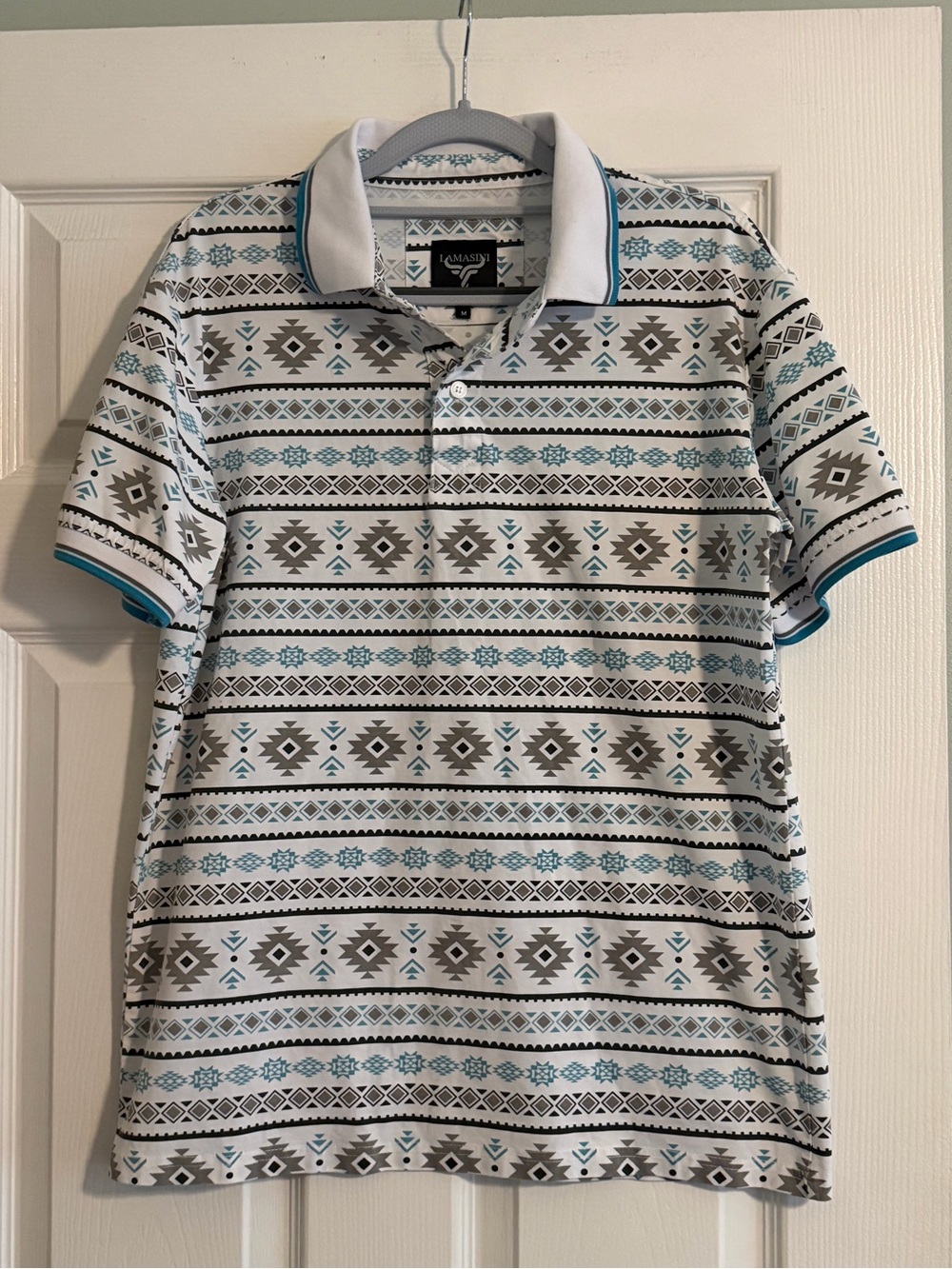 Lamasini White Polo Shirt with Teal and Gray Aztec Stripe Pattern
